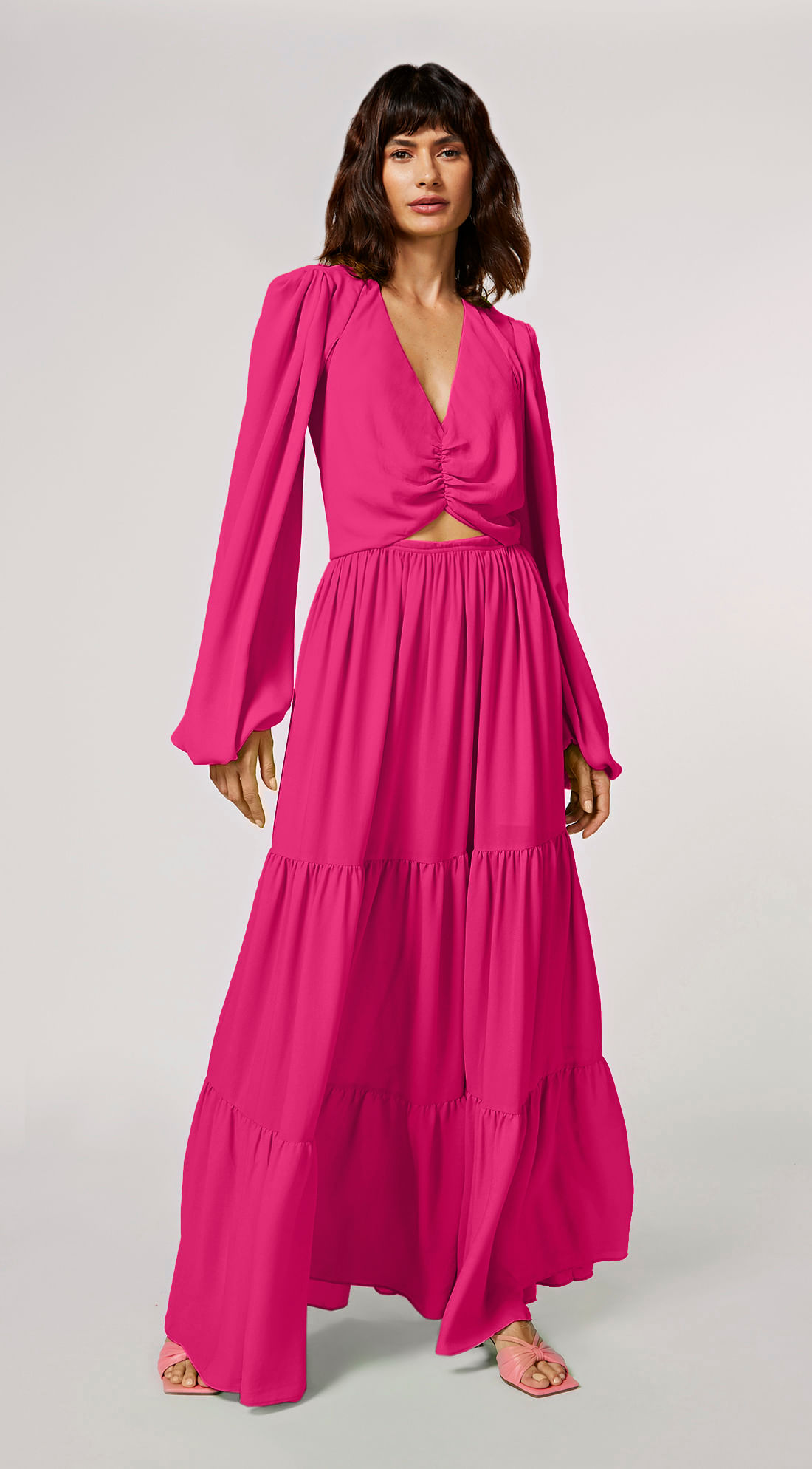 Vestido Morena Rosa Longo Decote V Com Franzido Pink - Morena Rosa: a marca  de roupa feminina da brasileira