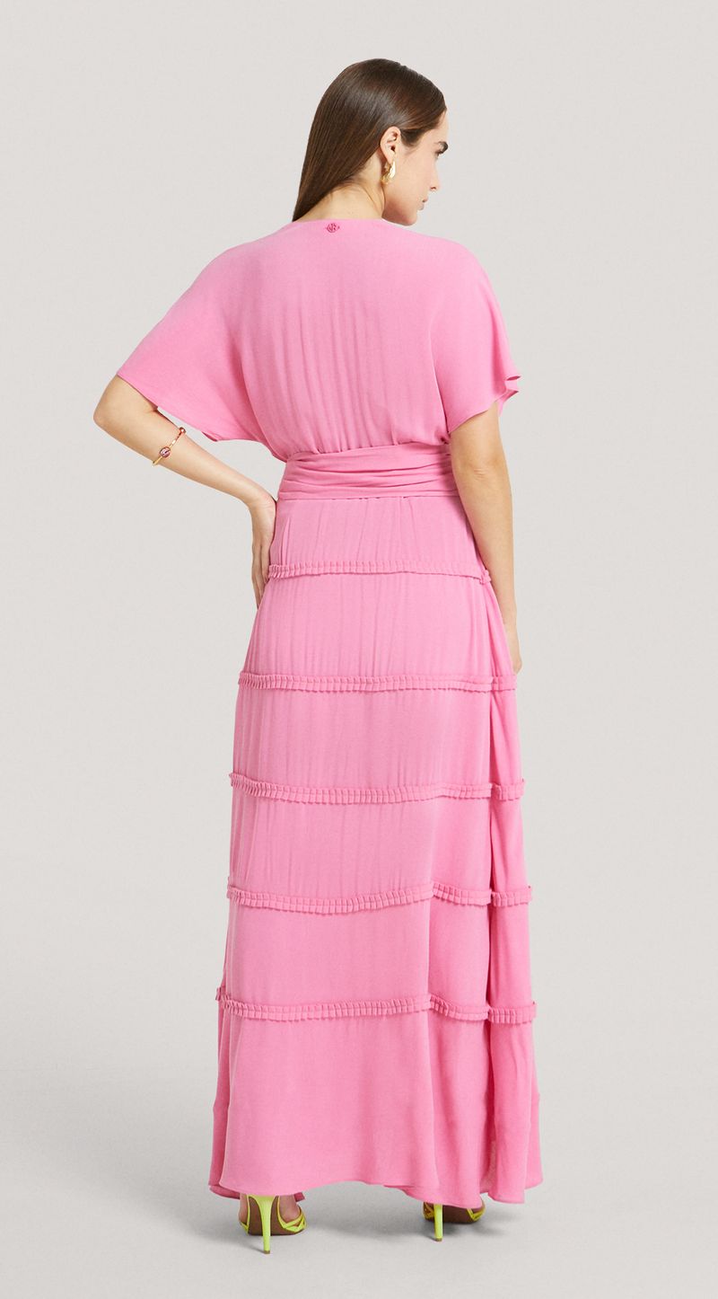 Morena Rosa Vestido Longo Decote V Babado Barra Pink Neon 118185 - Transwear