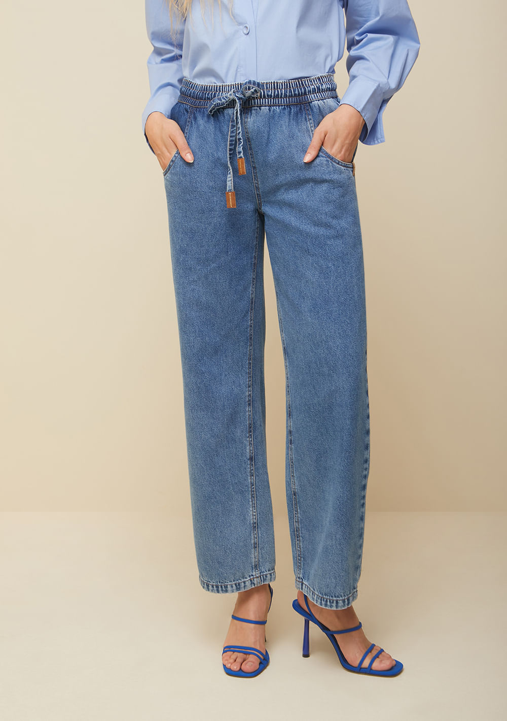 Morena Rosa Calça Wide Cós Alto com Amarração Jeans 205875 - Transwear