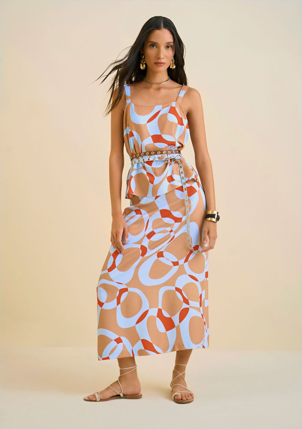 Saia Morena Rosa Midi Clochard Com Faixa Bege