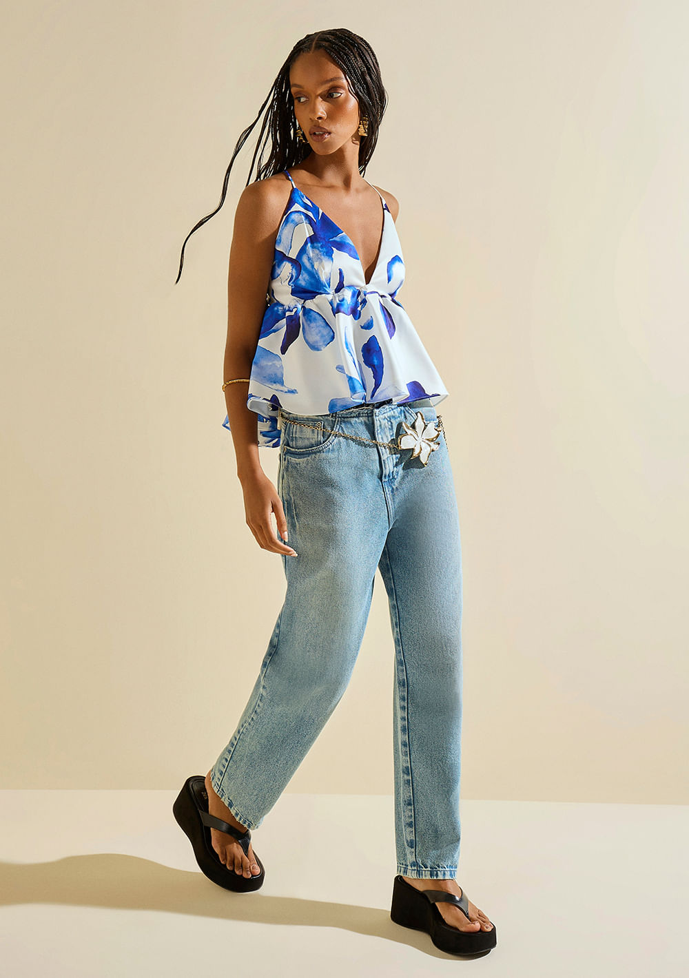 Top Morena Rosa Decote V Alça Fina Azul